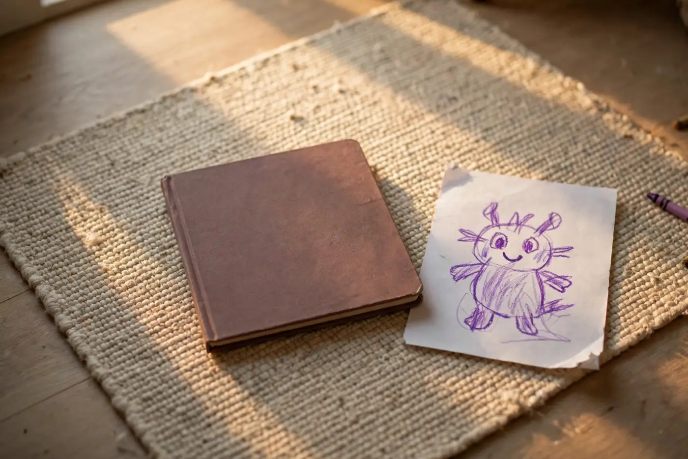 A square softcover storybook lying closed on a bedroom rug in warm afternoon light, beside the child's original purple crayon drawing of a small creature