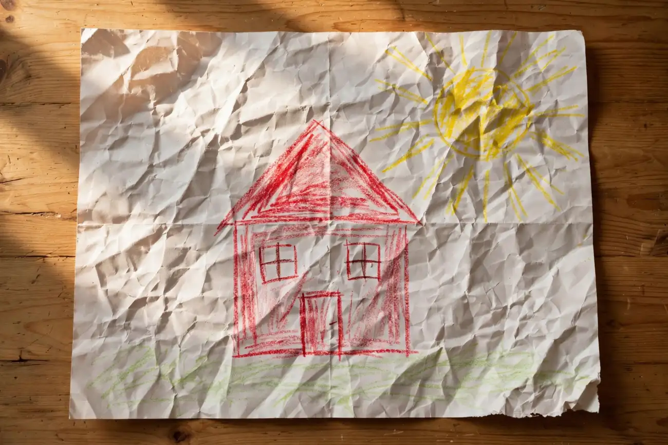 A child's crayon drawing of a red house with a triangle roof and a yellow sun, crumpled into a ball and then smoothed flat again so deep creases run across the whole sheet, lying on a wooden table in warm light