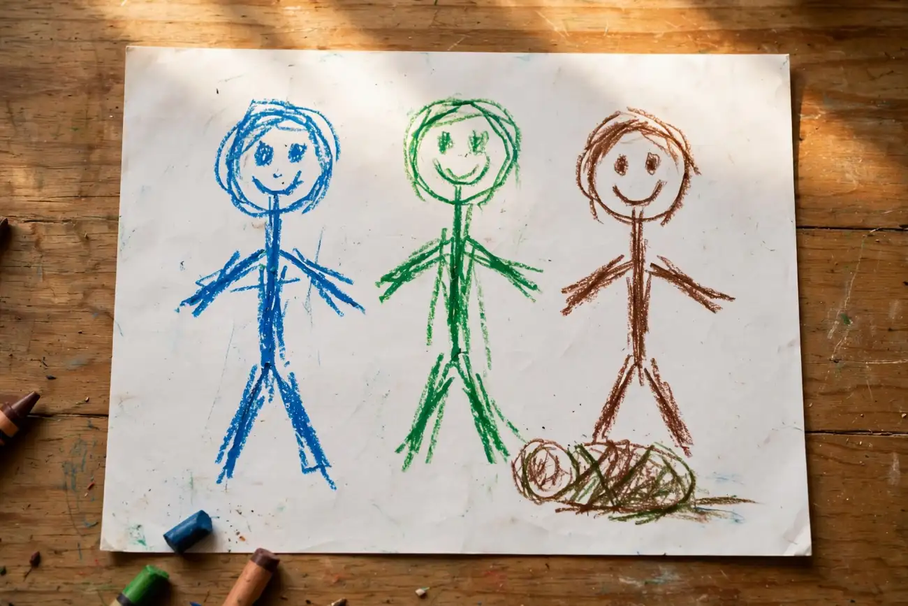 A child's crayon family portrait on white paper, three tall figures in blue, green and brown standing in a row with circle heads and smiling faces, and one small bundled brown figure lying on the ground off to one side, loose crayons scattered on the wooden table around it