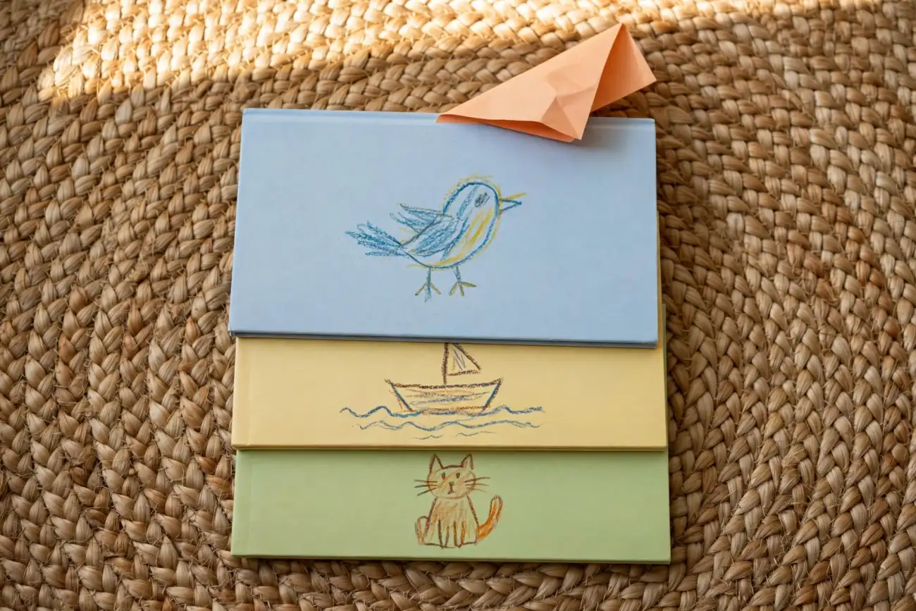Three slim children's picture books stacked on a woven rug, their plain blue, yellow and green covers each showing a simple crayon drawing of a bird, a sailboat and a cat, with a folded orange paper bookmark poking out of the top book