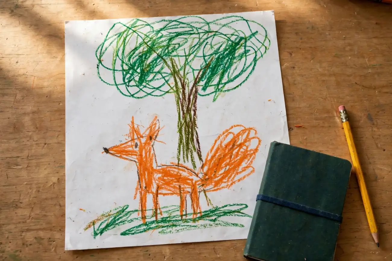 A child's crayon drawing of a small fox standing under a tall tree, resting on a school desk beside a closed notebook and a pencil