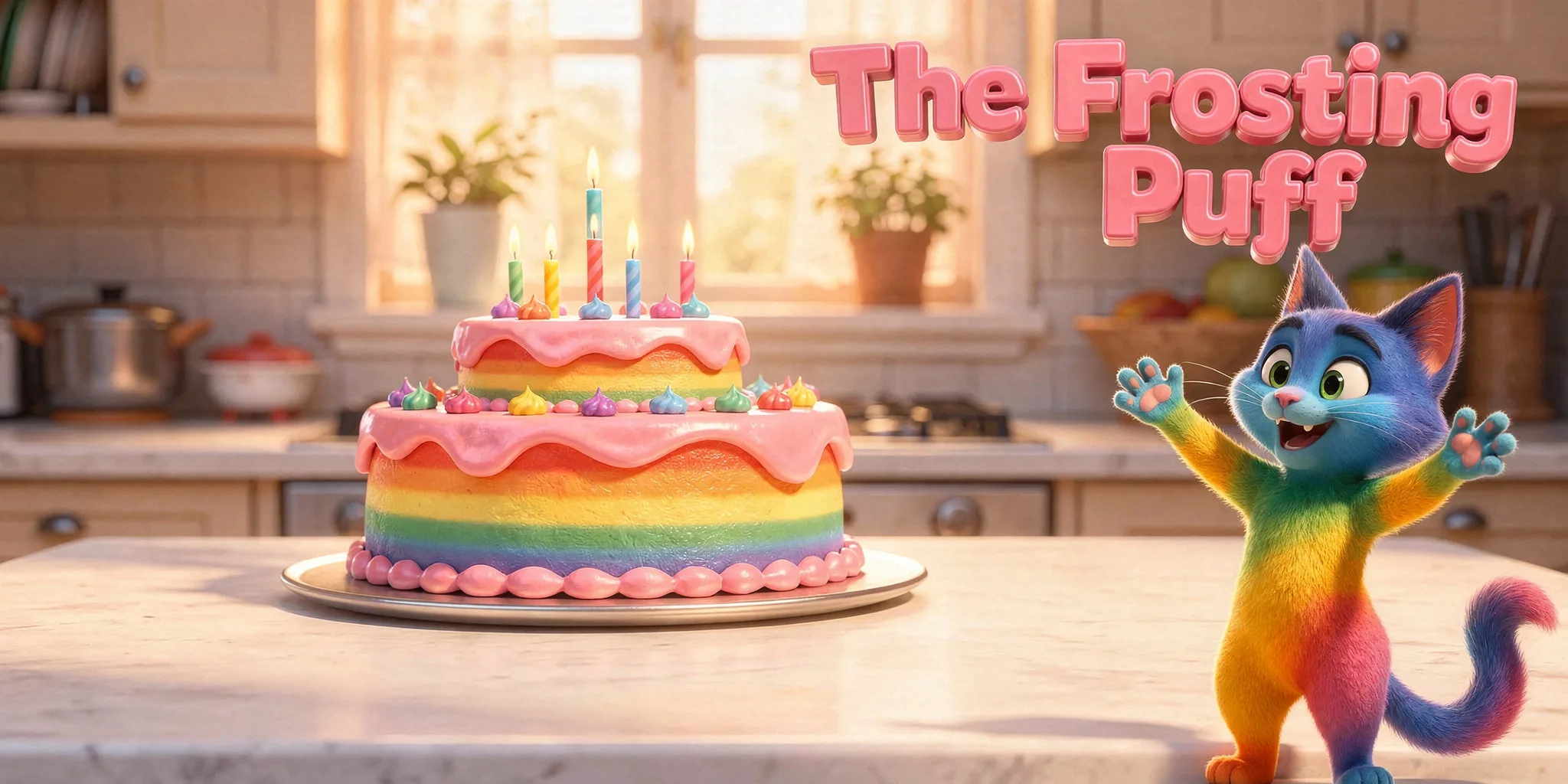 DoodleTale birthday personalized storybook: The Frosting Puff, starring Ada's cat drawing