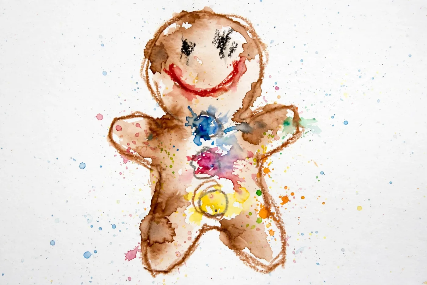 Elsie's watercolor painting of a smiling gingerbread man with wonky icing buttons, used as the hero of her Christmas DoodleTale storybook