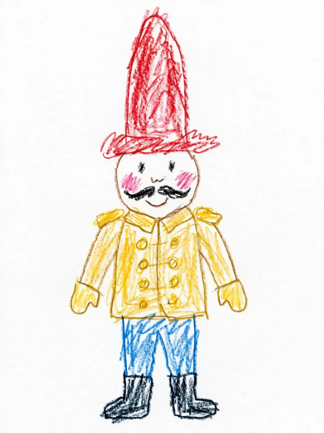 Nico's colored pencil drawing of a nutcracker soldier in a tall red hat and gold jacket, used as the hero of his Christmas DoodleTale storybook
