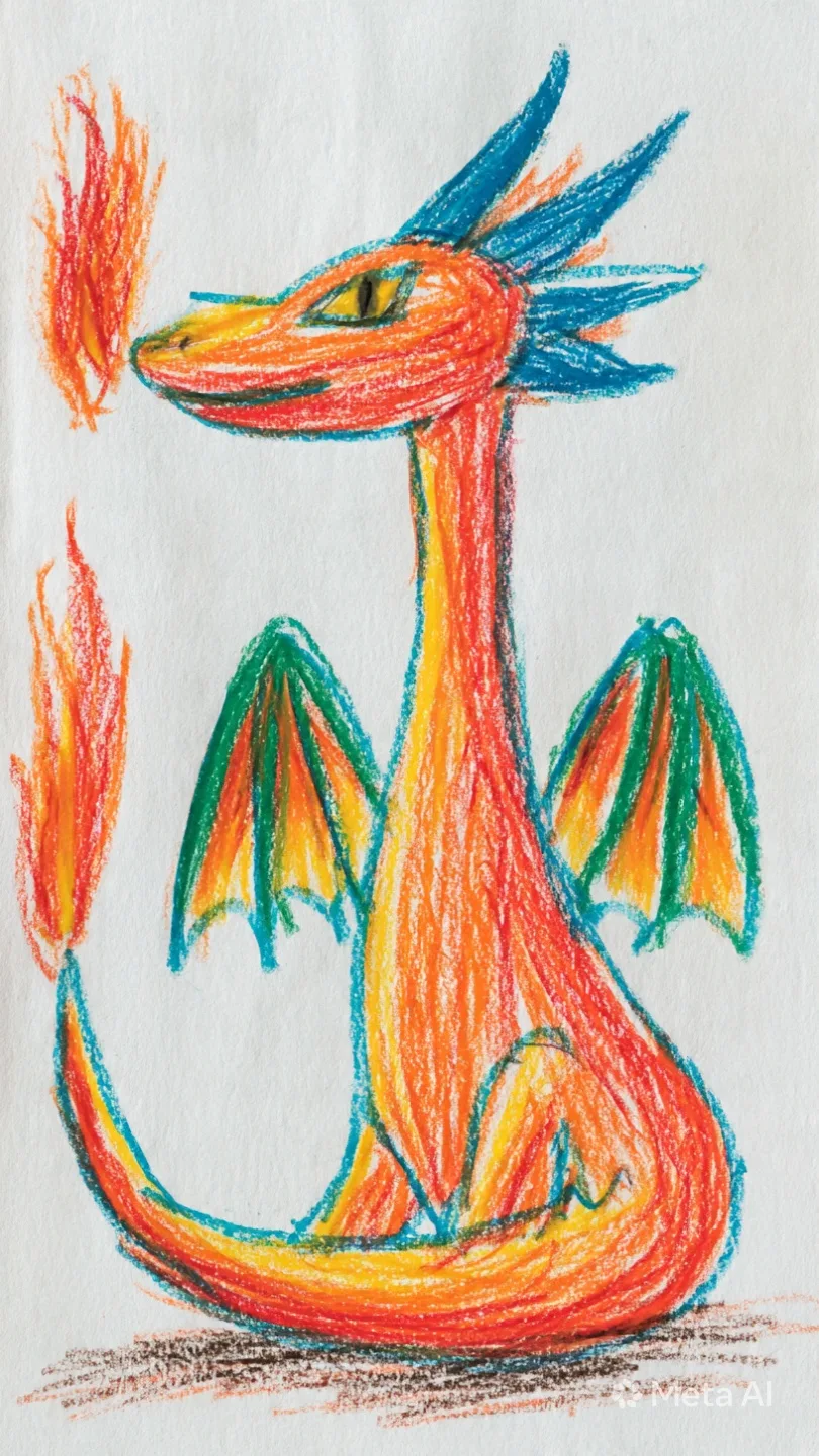 Isla's crayon drawing of a dragon, used as the hero of her Father's Day DoodleTale storybook