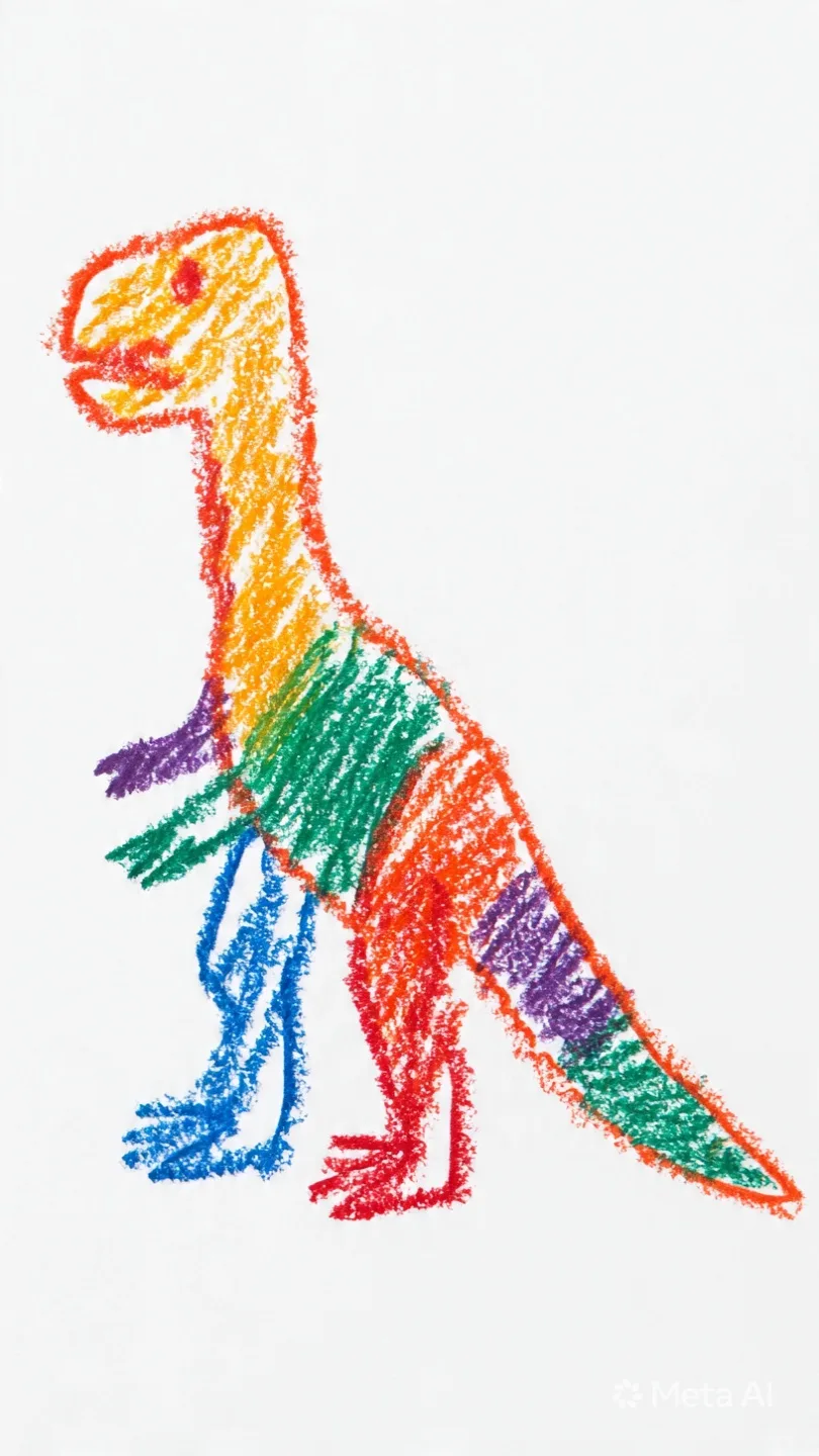 Theo's crayon drawing of a dinosaur, turned into the hero of his Father's Day DoodleTale storybook