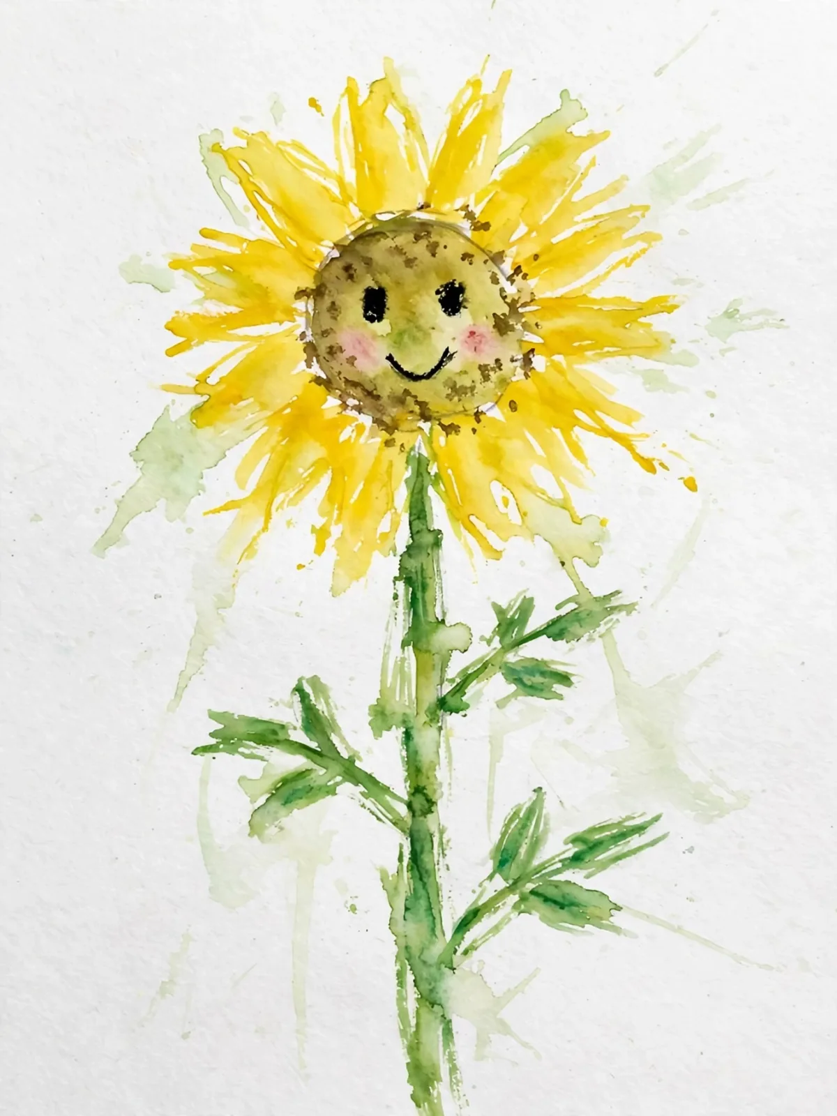 Freya's watercolor painting of a smiling sunflower, used as the hero of her first day of school DoodleTale storybook