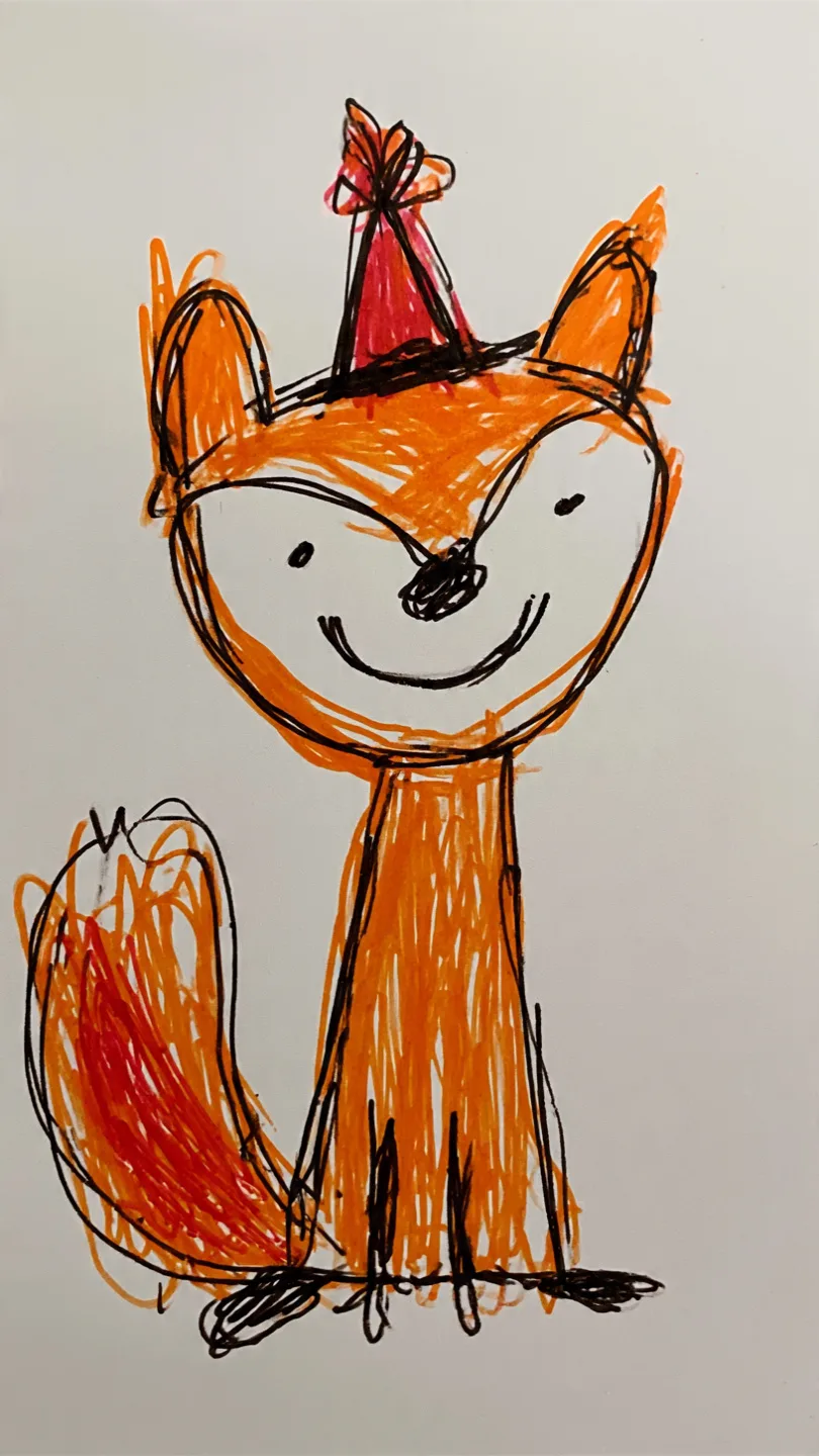 Mateo's crayon drawing of a fox, turned into the hero of his 4th of July DoodleTale storybook