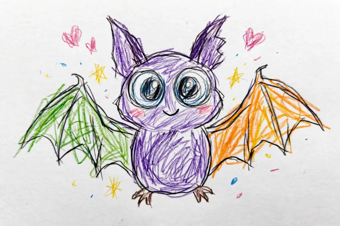Anya's colored pencil drawing of a small friendly bat with big round eyes and wonky wings, used as the hero of her Halloween DoodleTale storybook