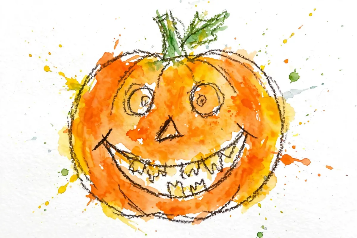 Dash's watercolor painting of a happy jack-o-lantern with a crooked toothy grin, used as the hero of his Halloween DoodleTale storybook