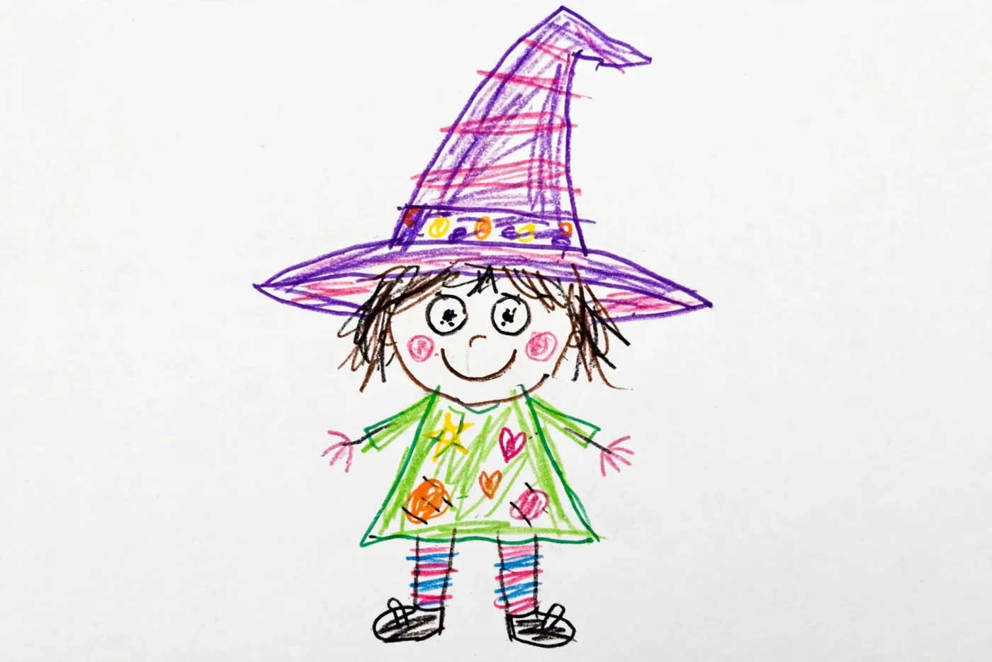 Maeve's marker drawing of a cheerful little witch in a big pointy hat and stripey socks, used as the hero of her Halloween DoodleTale storybook