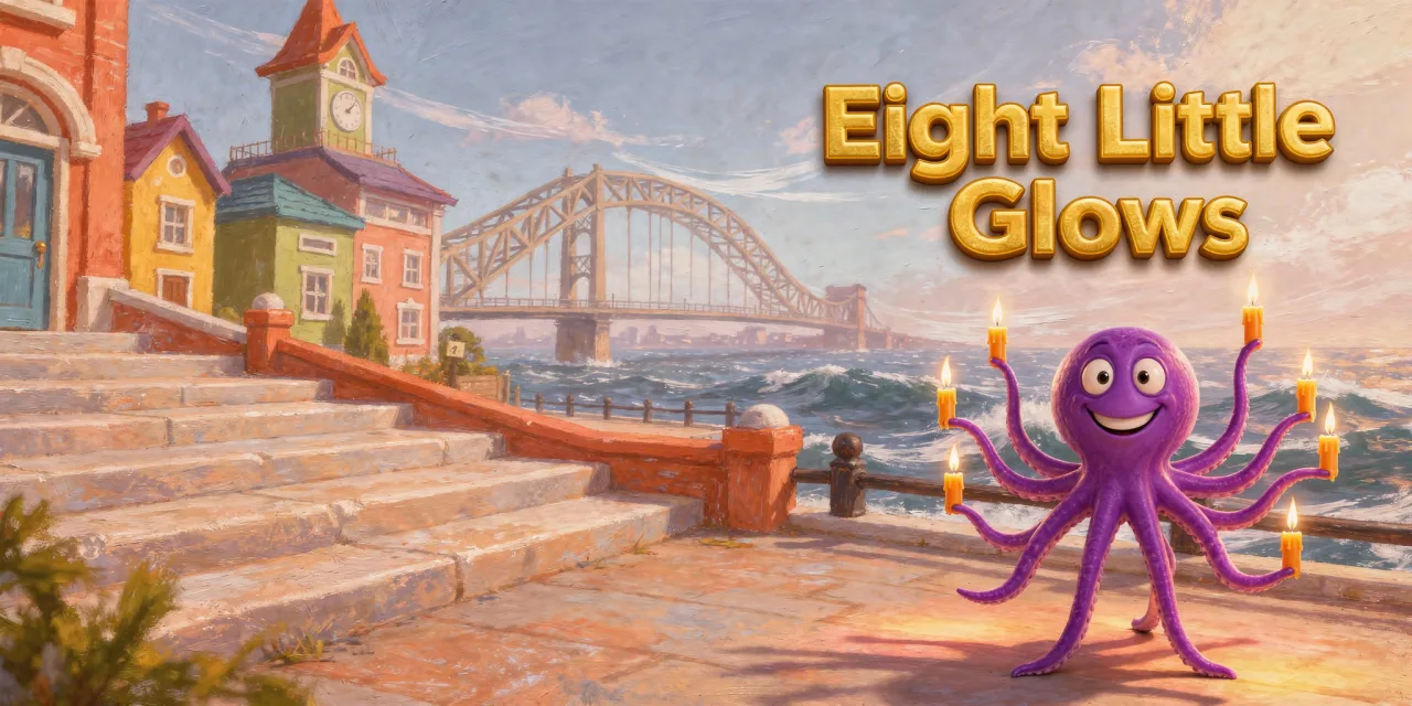 DoodleTale Hanukkah personalized storybook: Eight Little Glows, starring Lev's octopus drawing