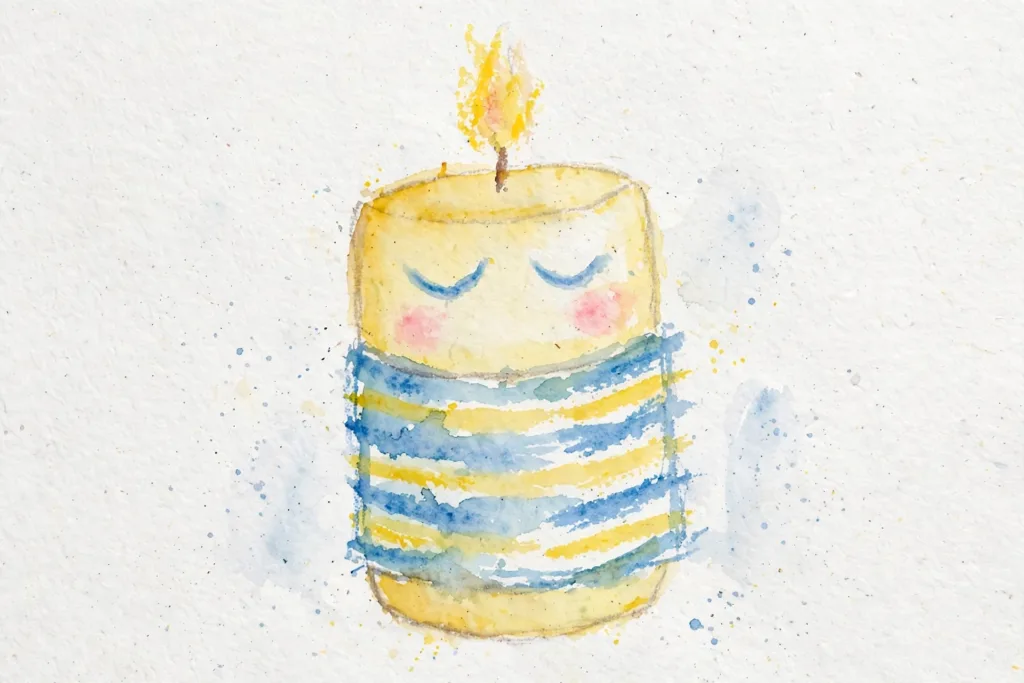 Hazel's watercolor painting of a sleepy candle in blue and yellow striped pajamas, used as the hero of her Hanukkah DoodleTale storybook