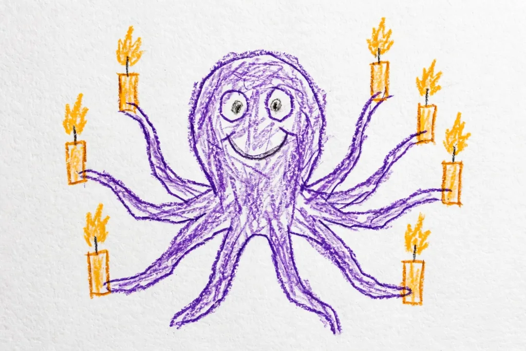 Lev's crayon drawing of a purple octopus holding eight candles, used as the hero of his Hanukkah DoodleTale storybook