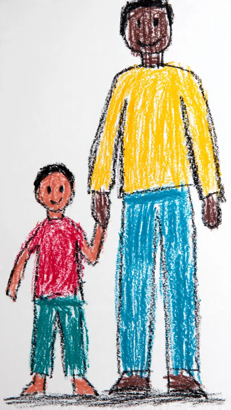 Marcus's crayon drawing of a dad, turned into the hero of his Juneteenth DoodleTale storybook