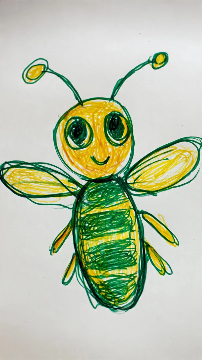 Zion's crayon drawing of a firefly, turned into the hero of his Juneteenth DoodleTale storybook