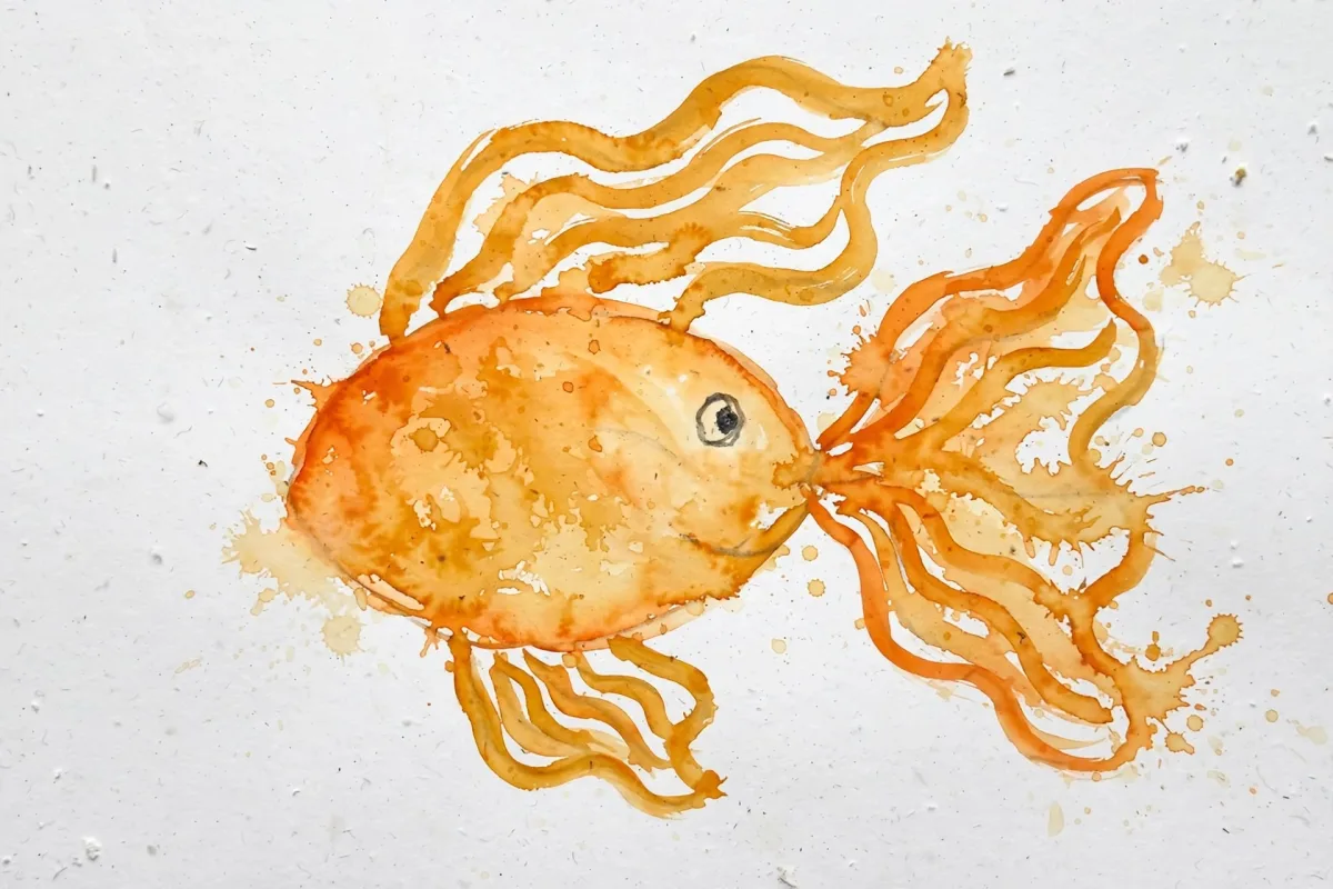 Yael's watercolor painting of a golden fish, used as the hero of her Rosh Hashanah DoodleTale storybook