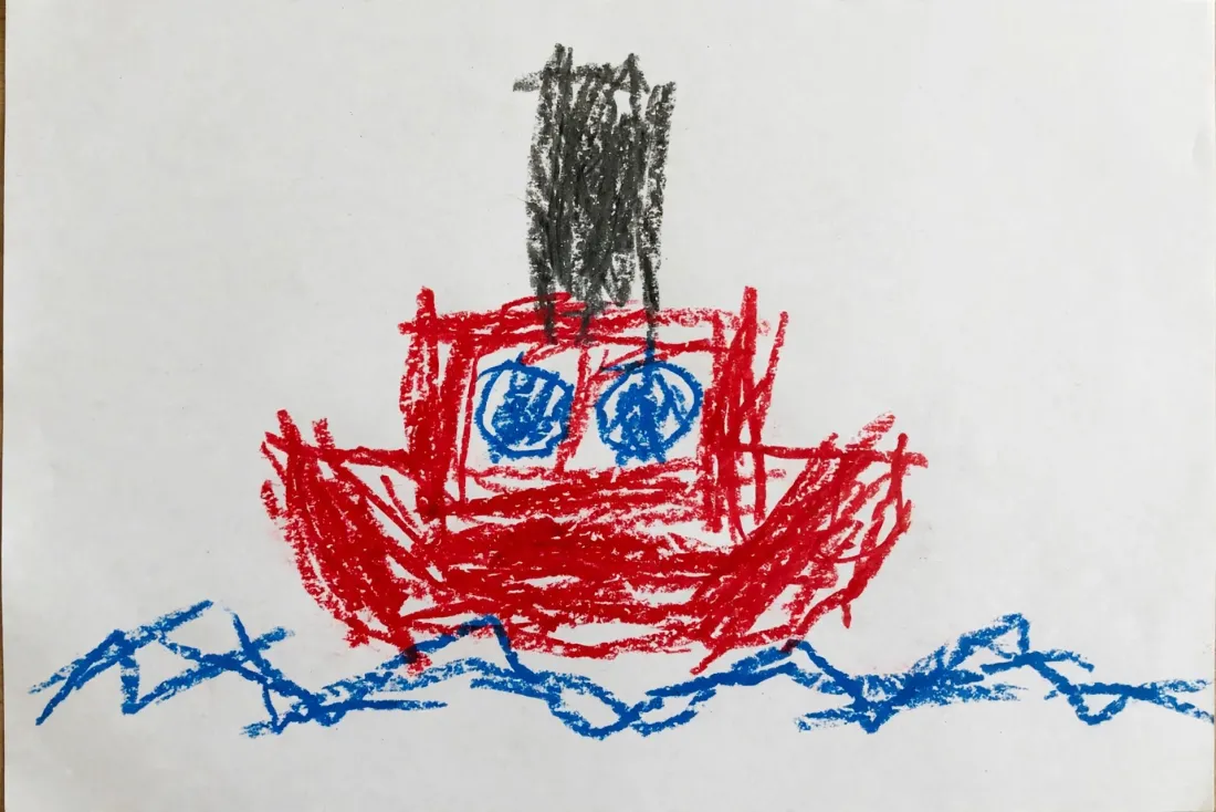 Junie's chunky crayon drawing of a stubby red tugboat with a tall funnel and two round windows, used as the hero of her bedtime DoodleTale storybook