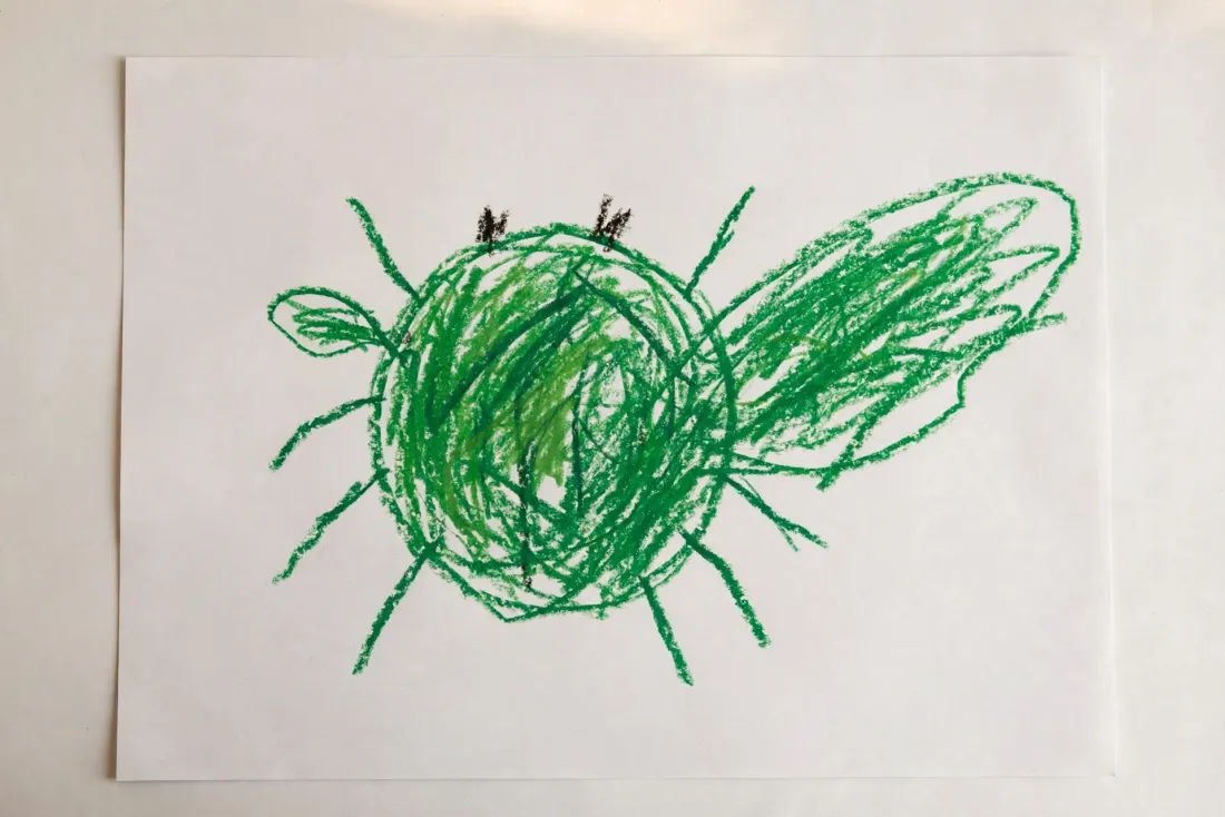 Halle's crayon drawing of a round green beetle with six short stick legs and one wing much bigger than the other, used as the hero of her DoodleTale storybook